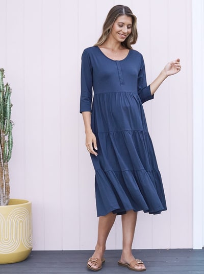 Angel Maternity Essential Maternity Tiered Midi Dress in Navy