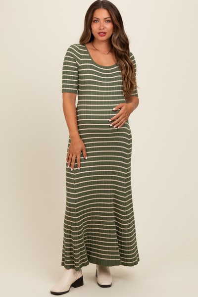 PinkBlush Olive Striped Ribbed Short Sleeve Maternity Maxi Dress