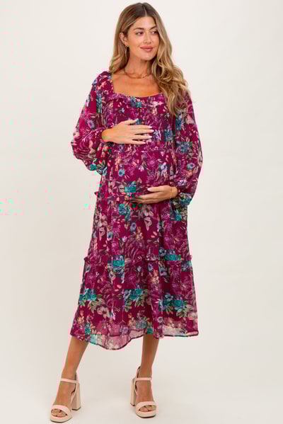 PinkBlush Burgundy Floral Chiffon Smocked Ruffle Tiered Maternity Midi Dress