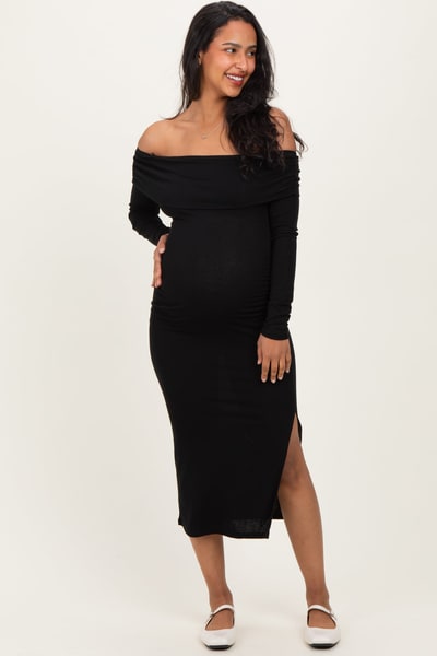 PinkBlush Black Off Shoulder Ruched Side Slit Maternity Midi Dress
