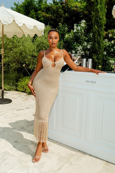 MESHKI Raelynn Metallic Knit Fringe Midi Dress - Gold