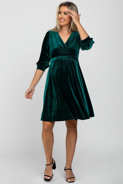 PinkBlush Green Velvet Wrap Front Babydoll Maternity Dress