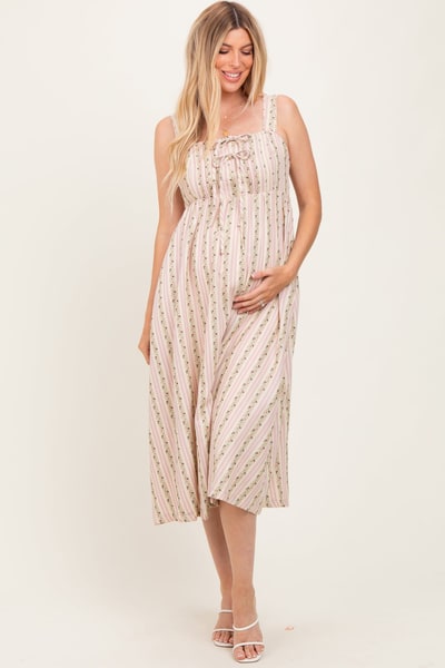 PinkBlush Pink Floral Embroidered Striped Maternity Midi Dress