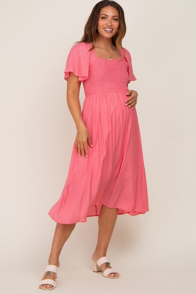 PinkBlush Coral Smocked Square Neck Flutter Short Sleeve Maternity Midi Dress