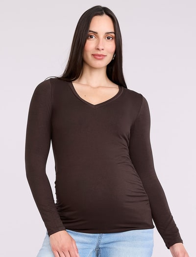 Motherhood Maternity Side Ruched Long Sleeve V-Neck Maternity Tee