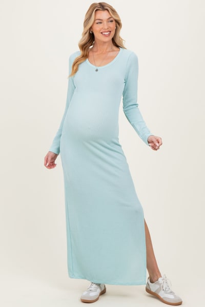 PinkBlush Mint Ribbed Long Sleeve Side Slit Maternity Maxi Dress