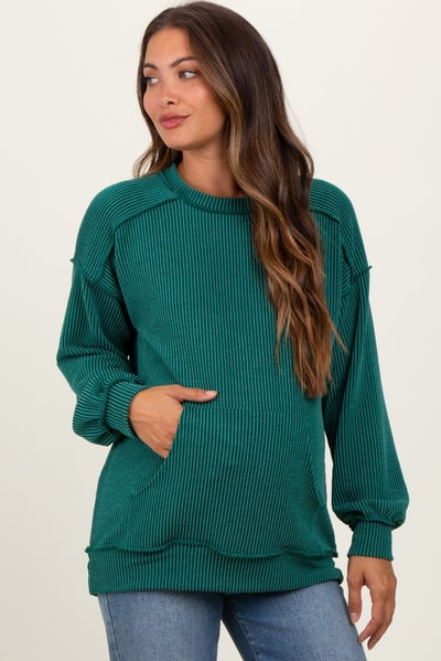 PinkBlush Forest Green Ribbed Knit Front Pocket Maternity Pullover