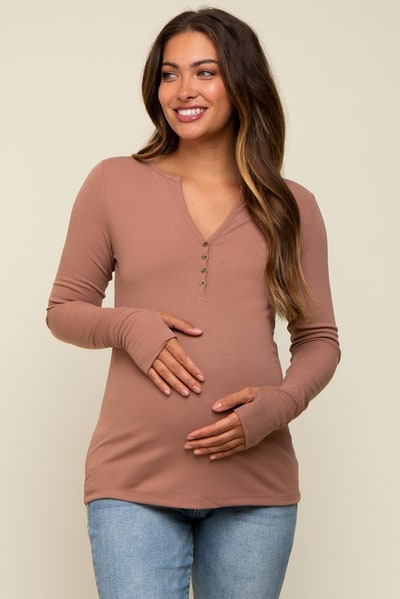 PinkBlush Taupe Button Front Long Sleeve Maternity Top