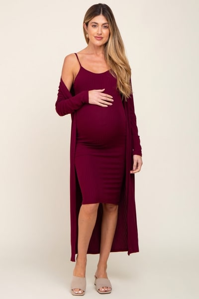 PinkBlush Burgundy Ribbed Cardigan 2 Piece Maternity Set