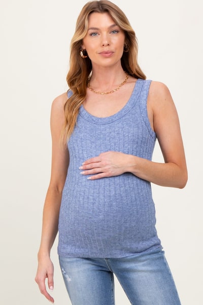 PinkBlush Blue Melange Ribbed Fitted Maternity Tank Top