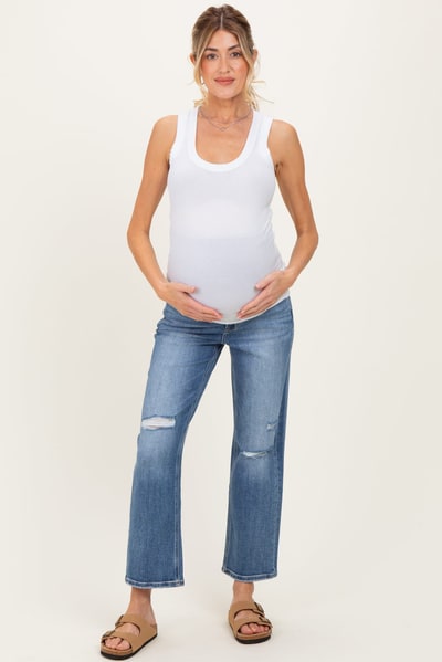 PinkBlush Blue Distressed Open Knee Ankle Straight Leg Maternity Jeans