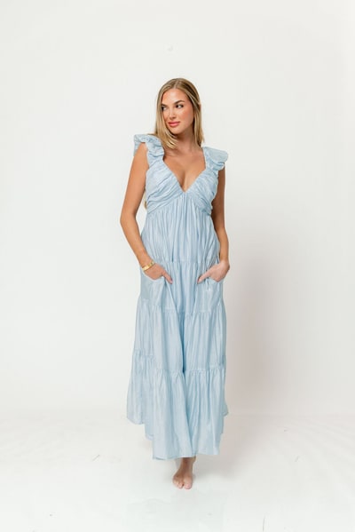 Worth Collective Katy Pleated Bodice Maxi Dress in Light Blue - Bump Friendly