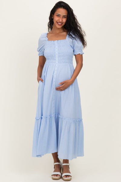 PinkBlush Light Blue Smocked Button Down Maternity Maxi Dress