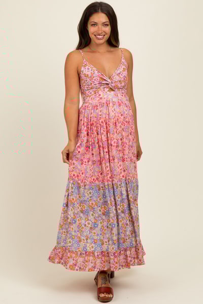 PinkBlush Pink Floral Twist Front Cut Out Tiered Maternity Maxi Dress