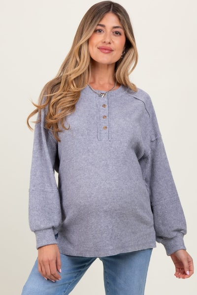 PinkBlush Heather Grey Oversized Ribbed Knit Henley Maternity Sweater