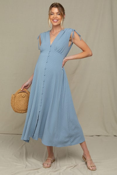 PinkBlush Blue Button-Down Polka Dot Shirred Bow Maternity Midi Dress