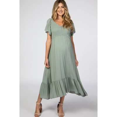 Target Pinkblush Light Olive Smocked V-Neck Maternity Midi Dress Small