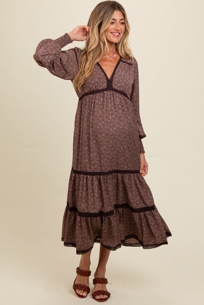 PinkBlush Brown Floral Lace Trim Bubble Sleeve Maternity Maxi Dress