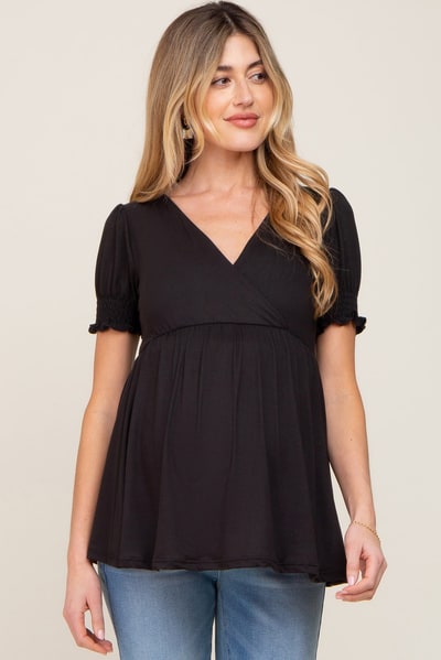 PinkBlush Black Puff Sleeve Crossover Maternity/Nursing Top