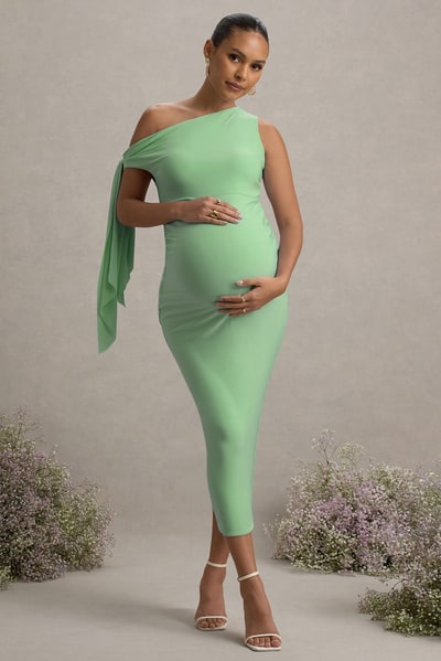 Club L London Katarine | Light Green Asymmetric Knot Maternity Midi Dress
