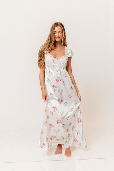 Worth Collective Ryan Lace Bodice Cutout Maxi Dress in Cream Floral - Bump Friendly