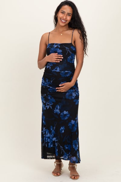 PinkBlush Black Floral Ruched Mesh Maternity Maxi Dress