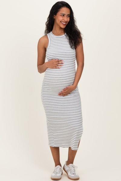 PinkBlush Heather Grey Striped Side Slit Maternity Tank Dress