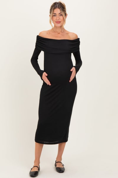 PinkBlush Black Off Shoulder Long Sleeve Maternity Maxi Dress