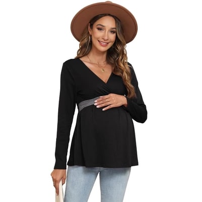 Target Clearlove Women Casual Maternity Nursing Shirts Wrap V Neck Long Sleeve Top Black XX Large