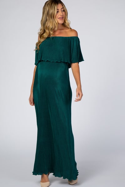 PinkBlush Forest Green Pleated Ruffle Off Shoulder Maternity Maxi Dress