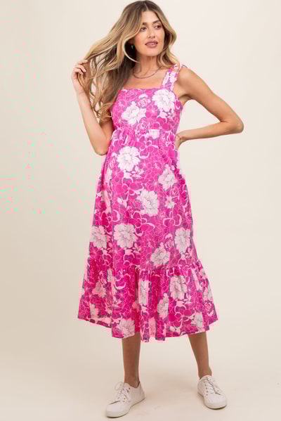 PinkBlush Fuchsia Floral Tiered Sleeveless Maternity Midi Dress