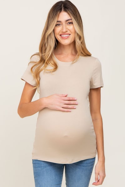 PinkBlush Beige Basic Crew Neck Maternity Tee