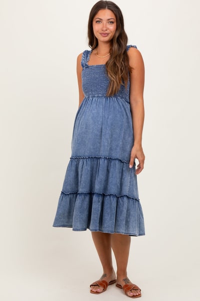 PinkBlush Blue Chambray Smocked Ruffle Tiered Maternity Midi Dress