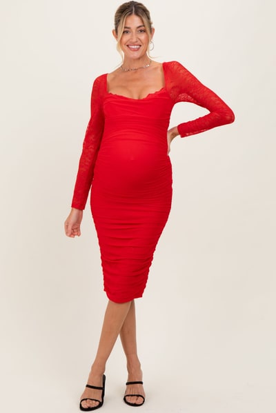PinkBlush Red Ruched Lace Sleeve Maternity Midi Dress