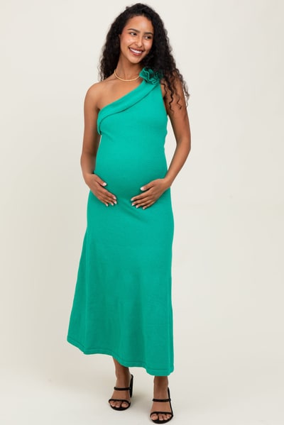 PinkBlush Green One Shoulder Knit Sleeveless Maternity Maxi Dress