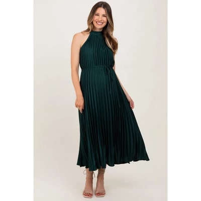 Target Pinkblush Forest Green Pleated Maternity Halter Dress Small