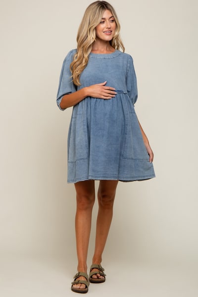 PinkBlush Blue Faded Denim Chambray Maternity Mini Dress