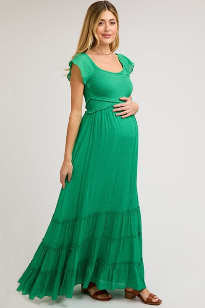 PinkBlush Green Smocked Crossover Off Shoulder Maternity Maxi Dress
