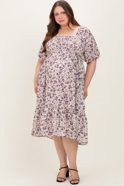 PinkBlush Cream Floral Smocked Maternity Plus Midi Dress