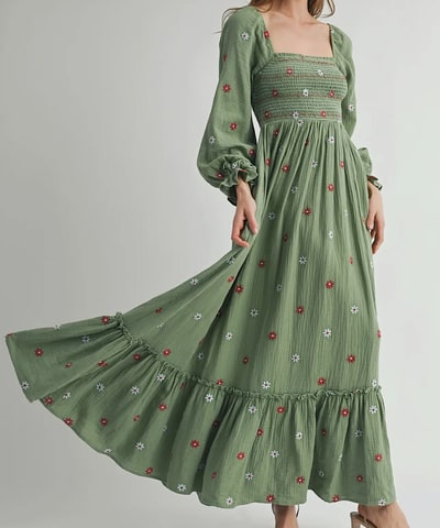 Bump City The Amber Embroidered Smock Long Maxi Dress (Pistachio)