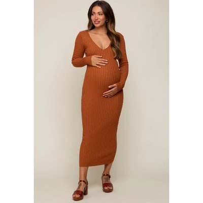 Target Pinkblush Camel V-Neck Long Sleeve Fitted Maternity Maxi Dress Small