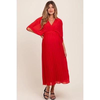Target PinkBlush Red Pleated V Neck Maternity Maxi Dress Red Small