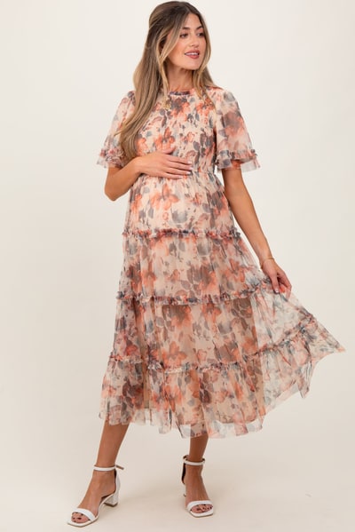 PinkBlush Peach Floral Mesh Smocked Maternity Midi Dress