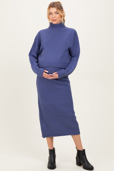PinkBlush Dusty Navy Waffle Knit High Neck Sweater Skirt Maternity Set
