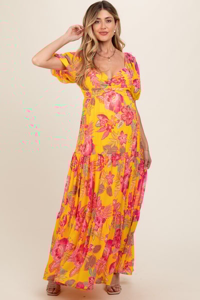 PinkBlush Yellow Floral Sweetheart Neck Tiered Maternity Maxi Dress