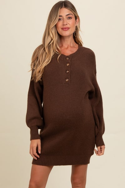 PinkBlush Brown Half Button Up Maternity Mini Sweater Dress