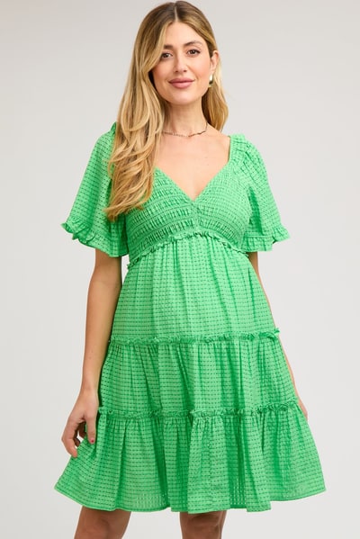 PinkBlush Green Smocked V-Neck Ruffle Short Sleeve Tiered Maternity Dress