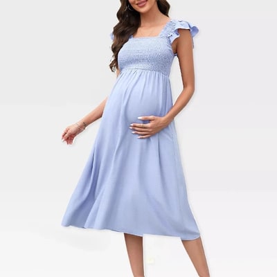 Target Maternity Dress Shirred Flutter Cap Sleeve Dress Square Neck Ruffle Cap Sleeve Midi Maternity Dress for Baby Shower Photography,Sky Blue - S