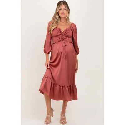 Target Pinkblush Mauve Satin Smocked Cinched Bust Maternity Midi Dress Small