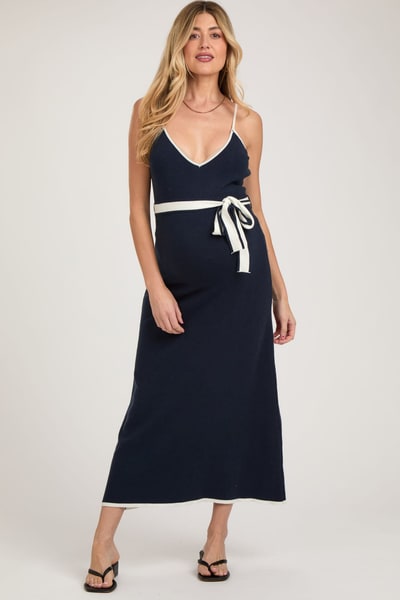 PinkBlush Navy Contrast Piping Maternity Midi Dress